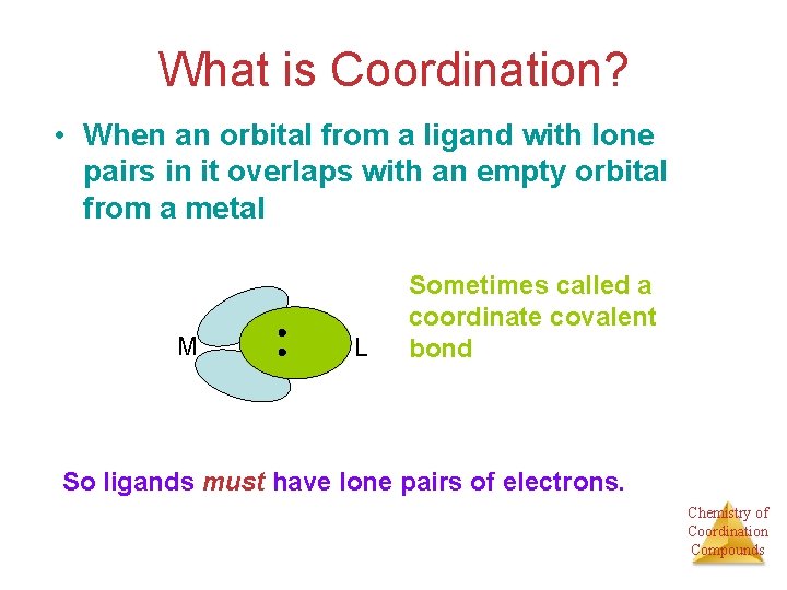 What is Coordination? • When an orbital from a ligand with lone pairs in