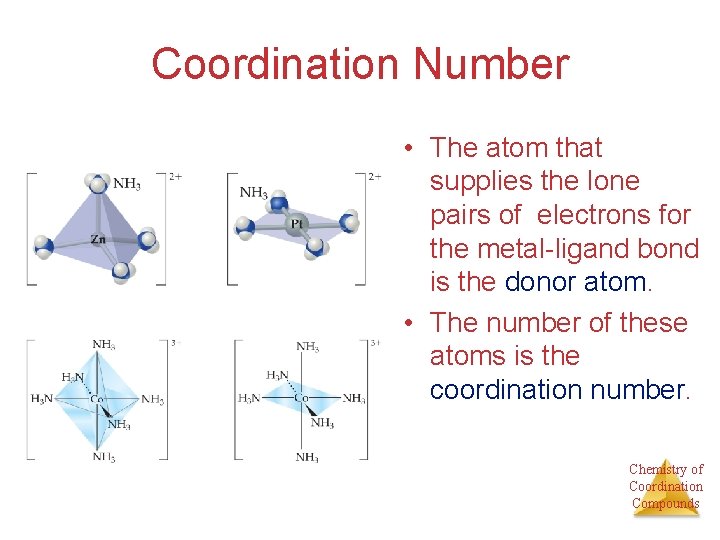 Coordination Number • The atom that supplies the lone pairs of electrons for the