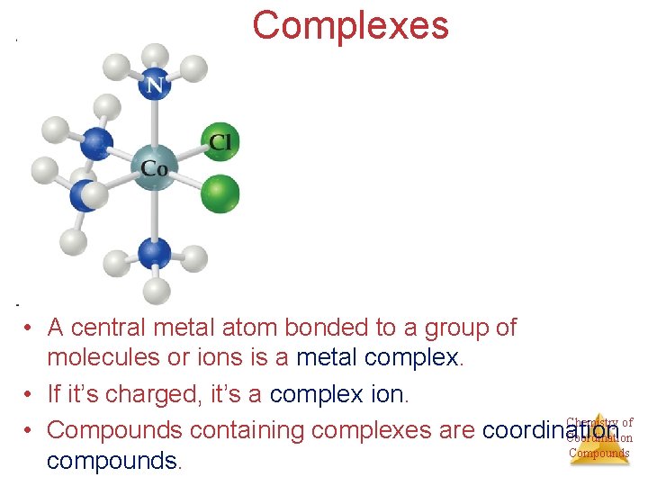 Complexes • A central metal atom bonded to a group of molecules or ions