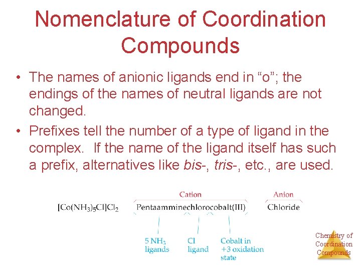Nomenclature of Coordination Compounds • The names of anionic ligands end in “o”; the