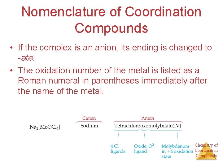 Nomenclature of Coordination Compounds • If the complex is an anion, its ending is