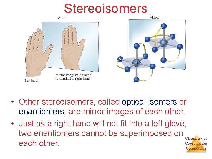 Stereoisomers • Other stereoisomers, called optical isomers or enantiomers, are mirror images of each