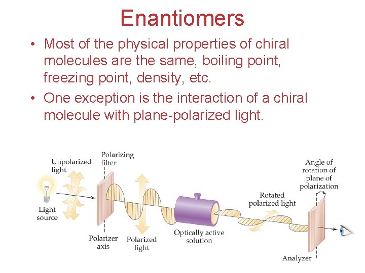 Enantiomers • Most of the physical properties of chiral molecules are the same, boiling