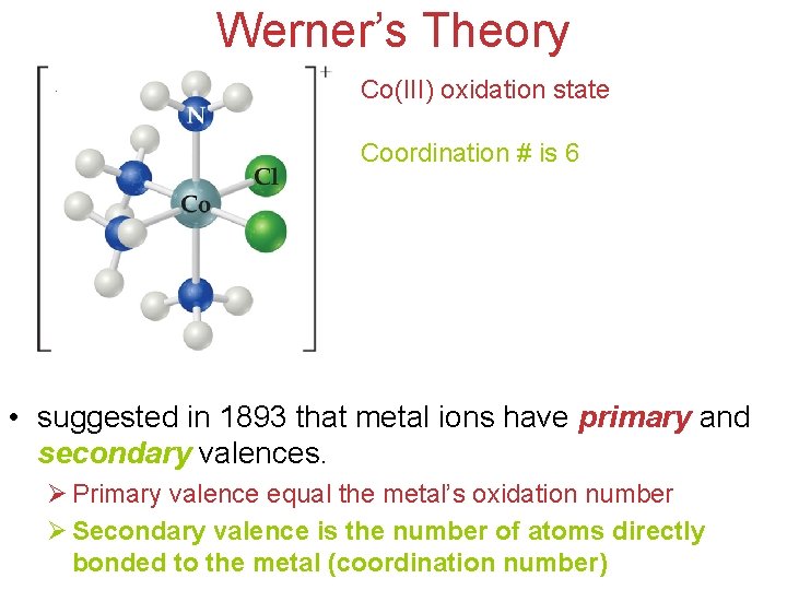 Werner’s Theory Co(III) oxidation state Coordination # is 6 • suggested in 1893 that