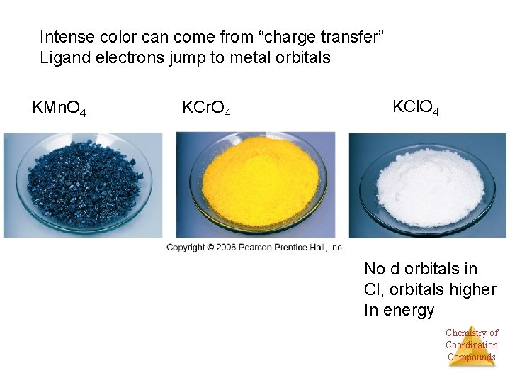 Intense color can come from “charge transfer” Ligand electrons jump to metal orbitals KMn.