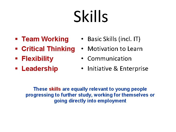 Skills § § Team Working Critical Thinking Flexibility Leadership • • Basic Skills (incl.
