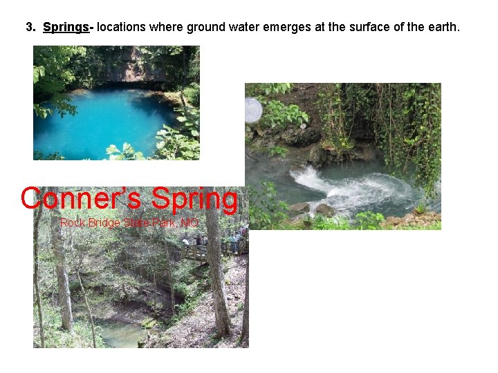 3. Springs- locations where ground water emerges at the surface of the earth. Conner’s 3. Springs- locations where ground water emerges at the surface of the earth. Conner’s
