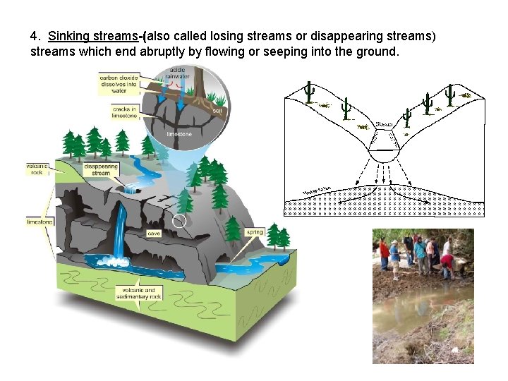 4. Sinking streams-(also called losing streams or disappearing streams) streams which end abruptly by 4. Sinking streams-(also called losing streams or disappearing streams) streams which end abruptly by