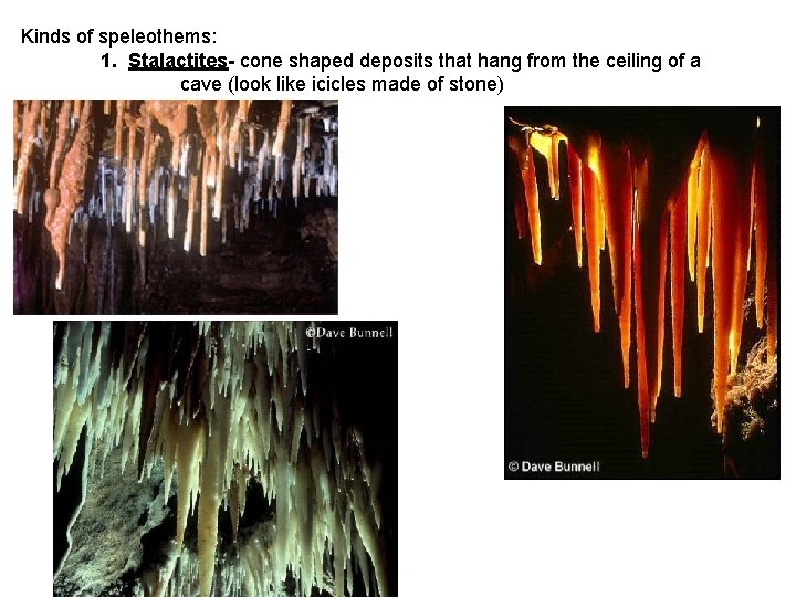 Kinds of speleothems: 1. Stalactites- cone shaped deposits that hang from the ceiling of Kinds of speleothems: 1. Stalactites- cone shaped deposits that hang from the ceiling of