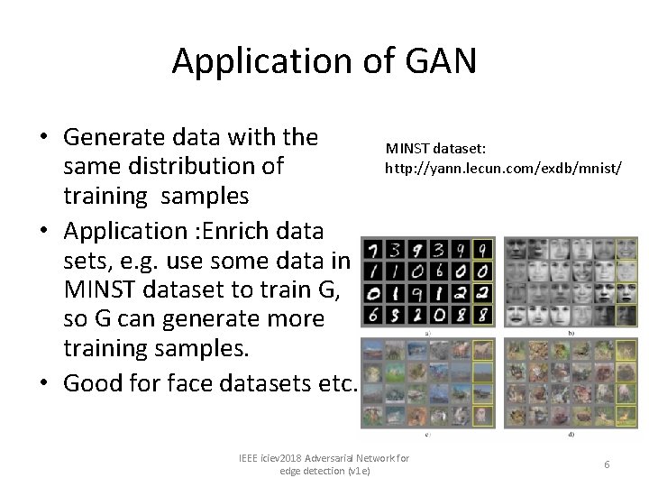 Application of GAN • Generate data with the same distribution of training samples •