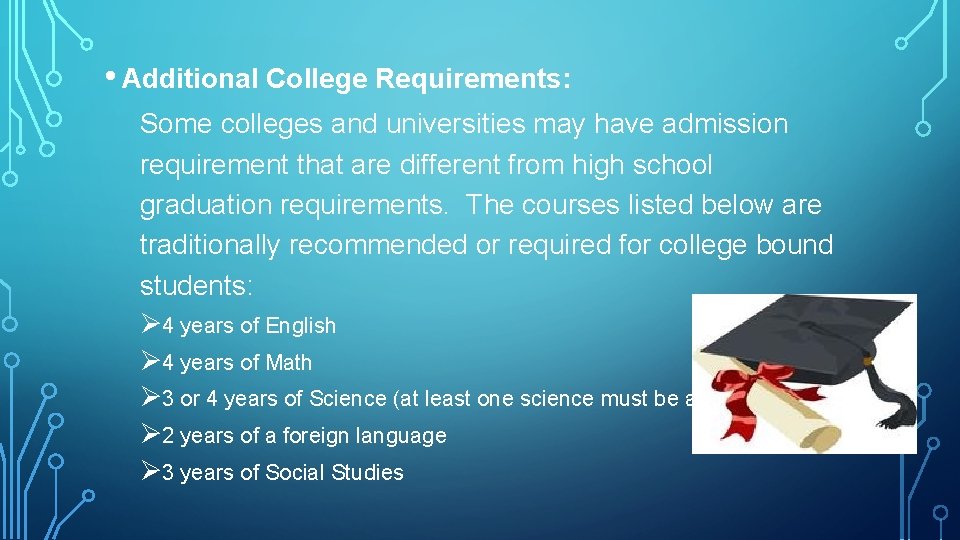  • Additional College Requirements: Some colleges and universities may have admission requirement that