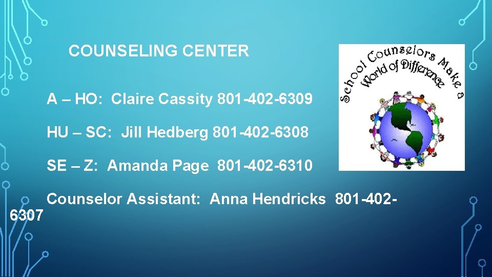 COUNSELING CENTER A – HO: Claire Cassity 801 -402 -6309 HU – SC: Jill