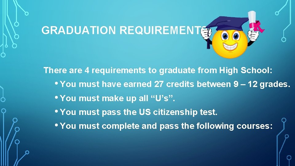 GRADUATION REQUIREMENTS There are 4 requirements to graduate from High School: • You must