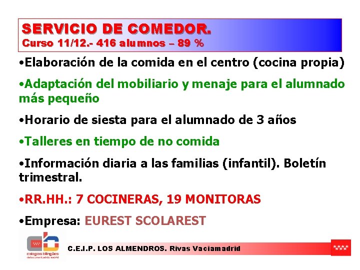 SERVICIO DE COMEDOR. Curso 11/12. - 416 alumnos – 89 % • Elaboración de SERVICIO DE COMEDOR. Curso 11/12. - 416 alumnos – 89 % • Elaboración de