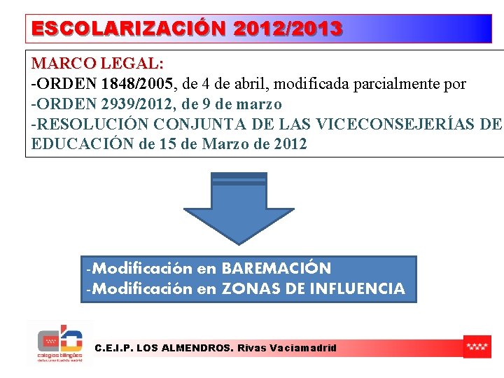 ESCOLARIZACIÓN 2012/2013 MARCO LEGAL: -ORDEN 1848/2005, de 4 de abril, modificada parcialmente por -ORDEN ESCOLARIZACIÓN 2012/2013 MARCO LEGAL: -ORDEN 1848/2005, de 4 de abril, modificada parcialmente por -ORDEN