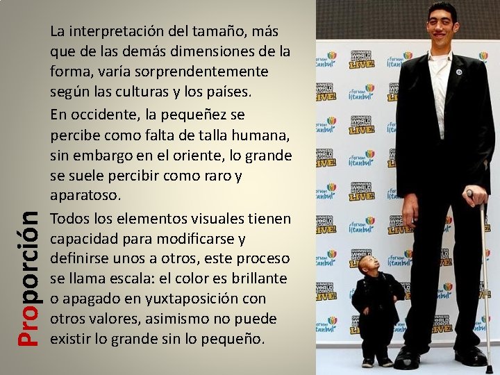 Proporción La interpretación del tamaño, más que de las demás dimensiones de la forma,