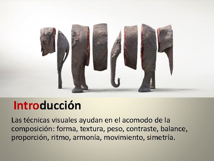 Introducción Las técnicas visuales ayudan en el acomodo de la composición: forma, textura, peso,