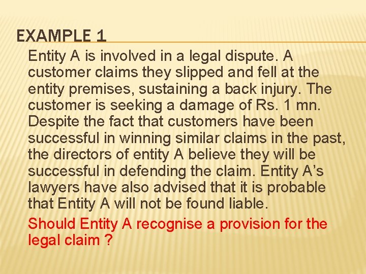 EXAMPLE 1 Entity A is involved in a legal dispute. A customer claims they