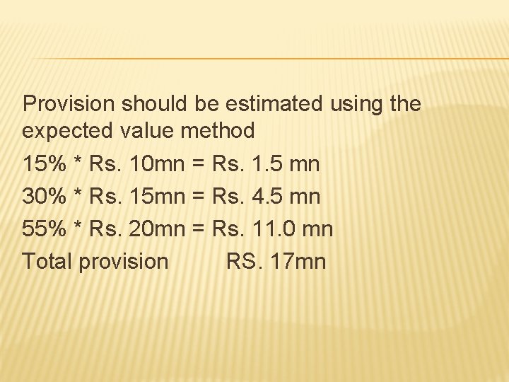 Provision should be estimated using the expected value method 15% * Rs. 10 mn