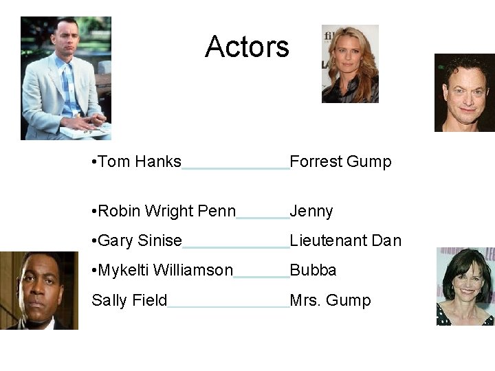 Actors • Tom Hanks Forrest Gump • Robin Wright Penn Jenny • Gary Sinise