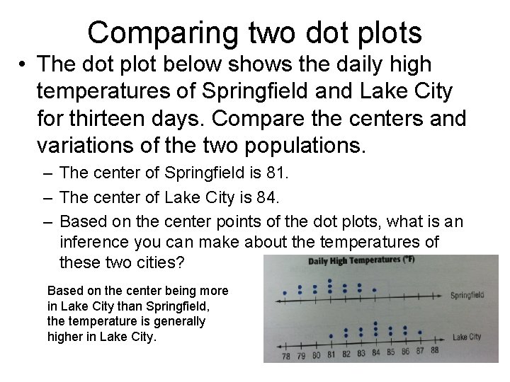 Comparing two dot plots • The dot plot below shows the daily high temperatures