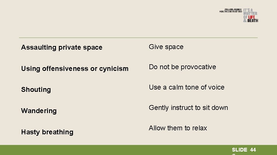 Assaulting private space Give space Using offensiveness or cynicism Do not be provocative Shouting