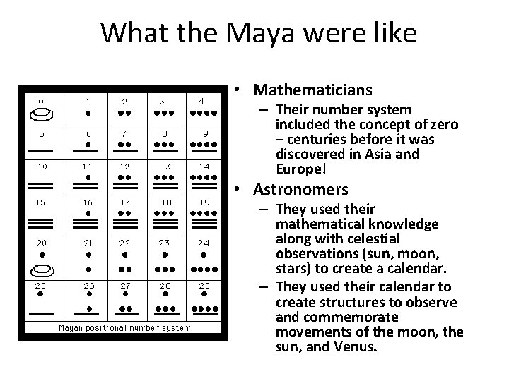 What the Maya were like • Mathematicians – Their number system included the concept