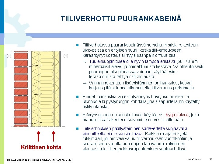 TIILIVERHOTTU PUURANKASEINÄ Kriittinen kohta Tulevaisuuden talot loppuseminaari, 15. 4. 2016, Oulu Tiiliverhotussa puurankaseinässä homehtumisriski