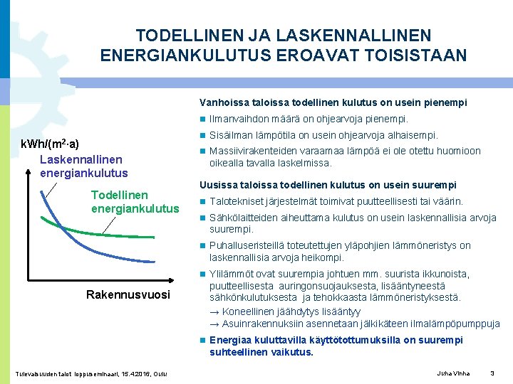 TODELLINEN JA LASKENNALLINEN ENERGIANKULUTUS EROAVAT TOISISTAAN Vanhoissa taloissa todellinen kulutus on usein pienempi Ilmanvaihdon