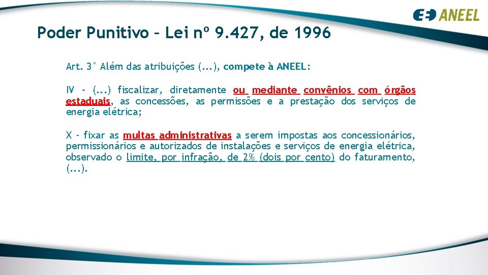 Poder Punitivo – Lei nº 9. 427, de 1996 Art. 3° Além das atribuições
