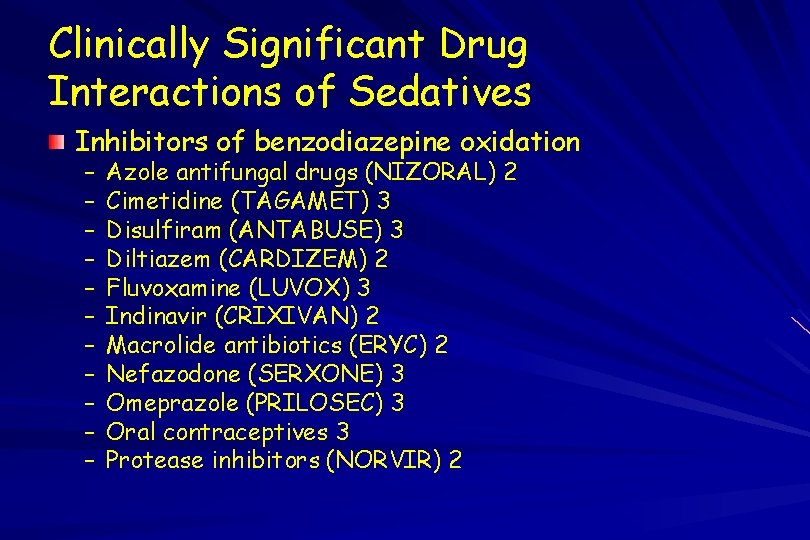 Clinically Significant Drug Interactions of Sedatives Inhibitors of benzodiazepine oxidation – – – Azole
