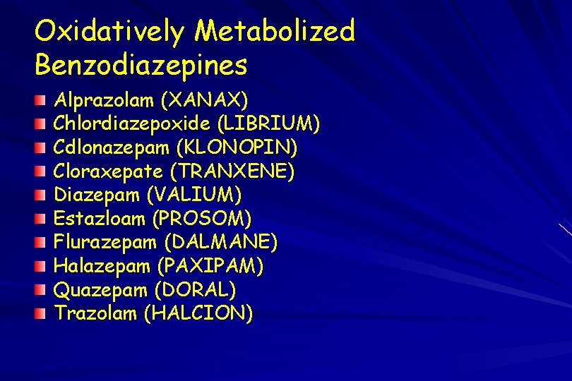 Oxidatively Metabolized Benzodiazepines Alprazolam (XANAX) Chlordiazepoxide (LIBRIUM) Cdlonazepam (KLONOPIN) Cloraxepate (TRANXENE) Diazepam (VALIUM) Estazloam
