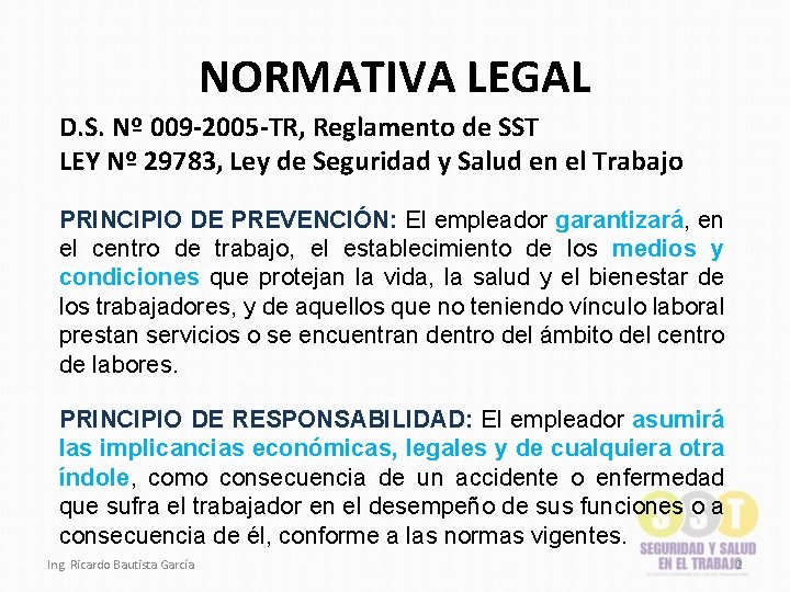 NORMATIVA LEGAL D. S. Nº 009 -2005 -TR, Reglamento de SST LEY Nº 29783,