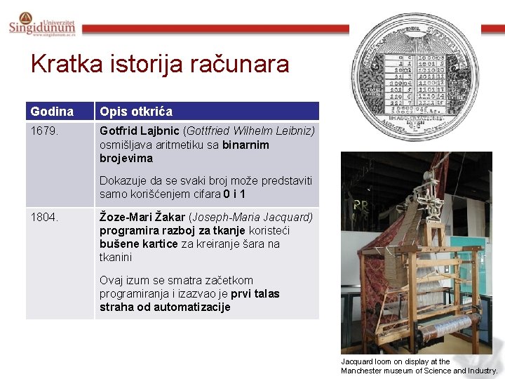 Kratka istorija računara Godina Opis otkrića 1679. Gotfrid Lajbnic (Gottfried Wilhelm Leibniz) osmišljava aritmetiku