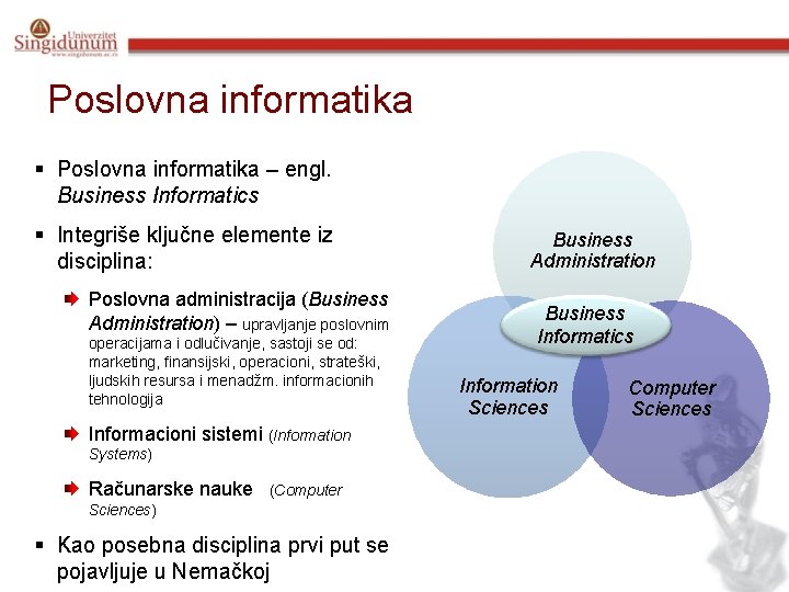 Poslovna informatika § Poslovna informatika – engl. Business Informatics § Integriše ključne elemente iz