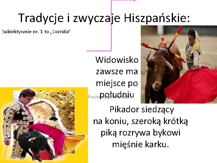 Tradycje i zwyczaje Hiszpańskie: Subiektywnie nr. 1 to „Corrida” Widowisko zawsze ma miejsce po