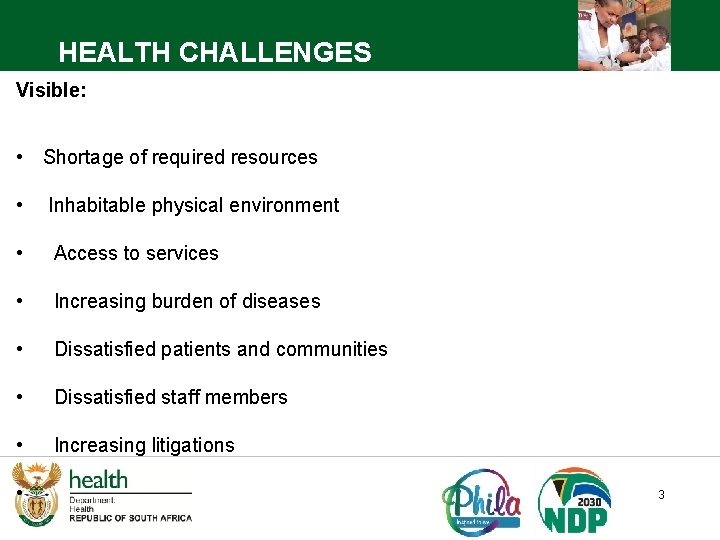 HEALTH CHALLENGES Visible: • Shortage of required resources • Inhabitable physical environment • Access HEALTH CHALLENGES Visible: • Shortage of required resources • Inhabitable physical environment • Access