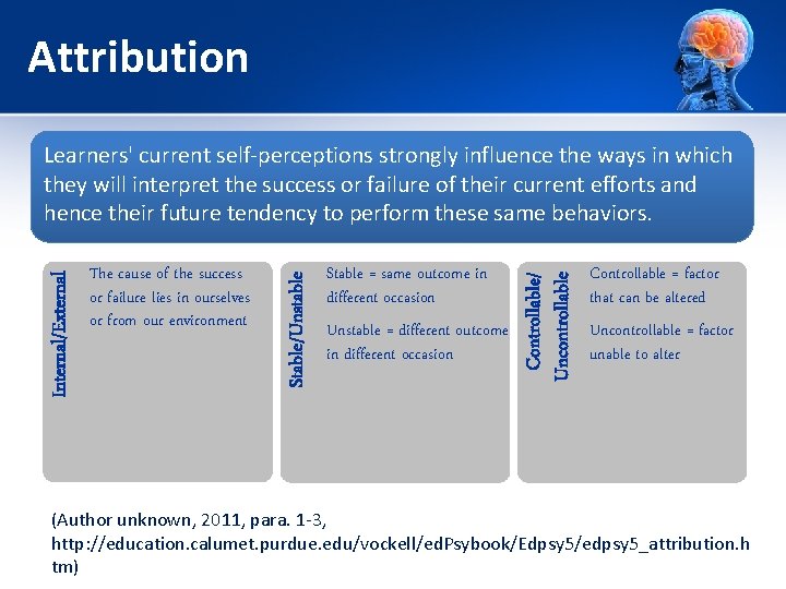 Attribution Stable = same outcome in different occasion Unstable = different outcome in different Attribution Stable = same outcome in different occasion Unstable = different outcome in different