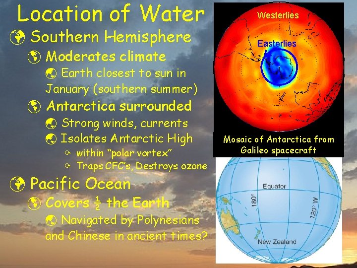 Location of Water ü Southern Hemisphere þ Moderates climate Westerlies Easterlies ý Earth closest