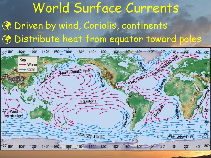 World Surface Currents ü Driven by wind, Coriolis, continents ü Distribute heat from equator