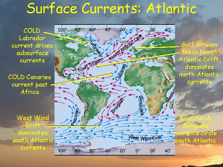 Surface Currents: Atlantic COLD Labrador current drives subsurface currents COLD Canaries current past Africa