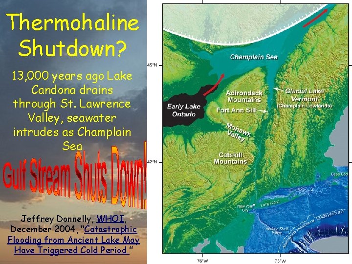 Thermohaline Shutdown? 13, 000 years ago Lake Candona drains through St. Lawrence Valley, seawater