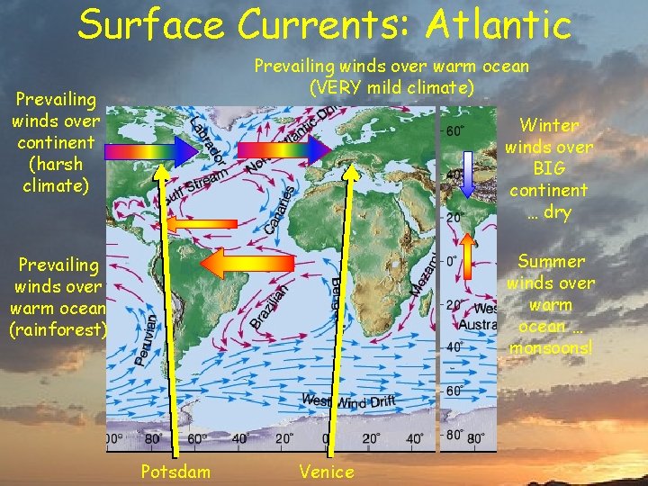 Surface Currents: Atlantic Prevailing winds over warm ocean (VERY mild climate) Prevailing winds over