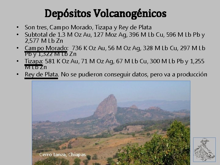 Depósitos Volcanogénicos • Son tres, Campo Morado, Tizapa y Rey de Plata • Subtotal