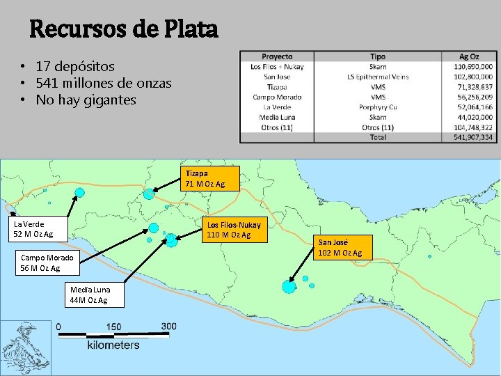 Recursos de Plata • 17 depósitos • 541 millones de onzas • No hay