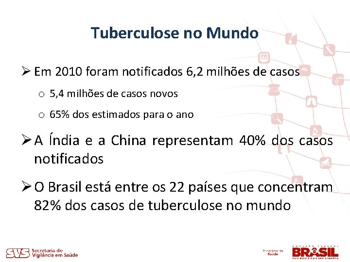 Tuberculose no Mundo Ø Em 2010 foram notificados 6, 2 milhões de casos o