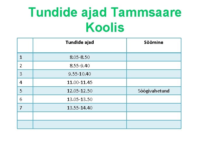 Tundide ajad Tammsaare Koolis Tundide ajad 1 8. 05 -8. 50 2 8. 55