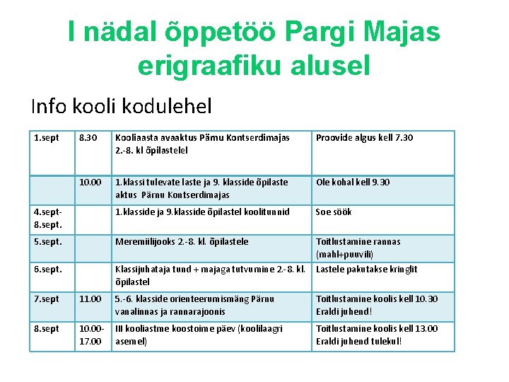 I nädal õppetöö Pargi Majas erigraafiku alusel Info kooli kodulehel 1. sept 8. 30