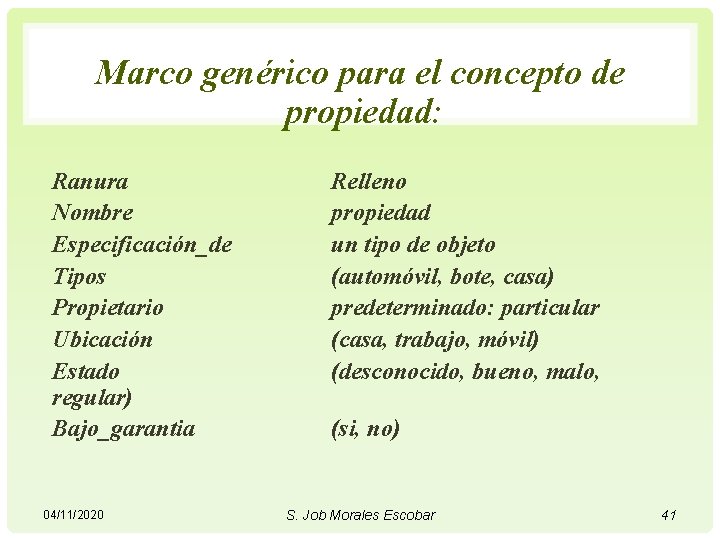 Marco genérico para el concepto de propiedad: Ranura Nombre Especificación_de Tipos Propietario Ubicación Estado