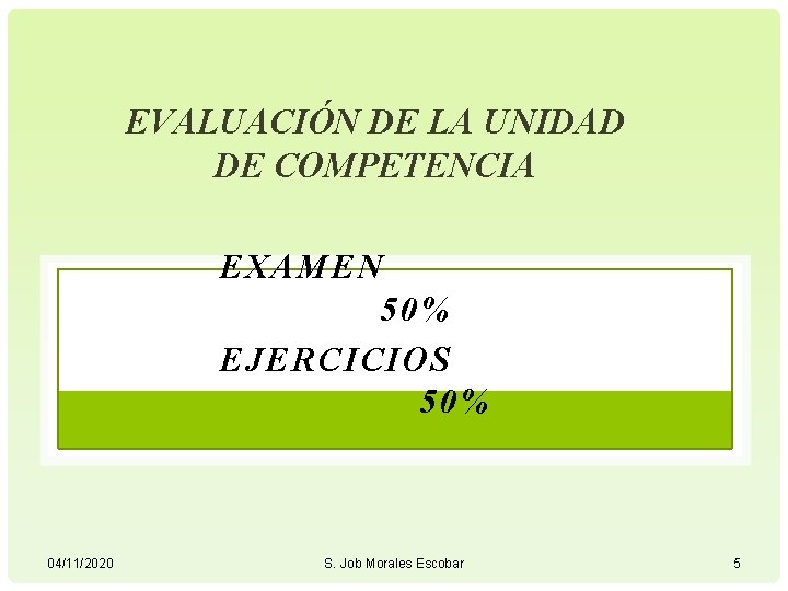 EVALUACIÓN DE LA UNIDAD DE COMPETENCIA EXAMEN 50% EJERCICIOS 50% 04/11/2020 S. Job Morales